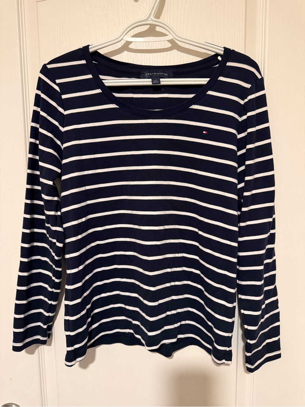 Tommy Hilfiger Navy & White Striped Long Sleeve Tee - Crew Neck